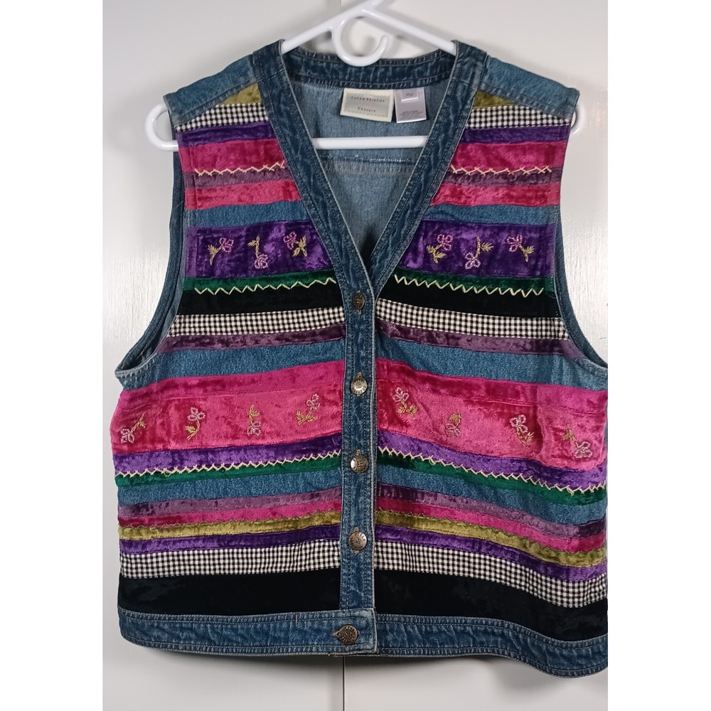 Susan Bristol Denim Vest PM Vtg 90's Y2K Button Down Colorful Artsy Floral Indie